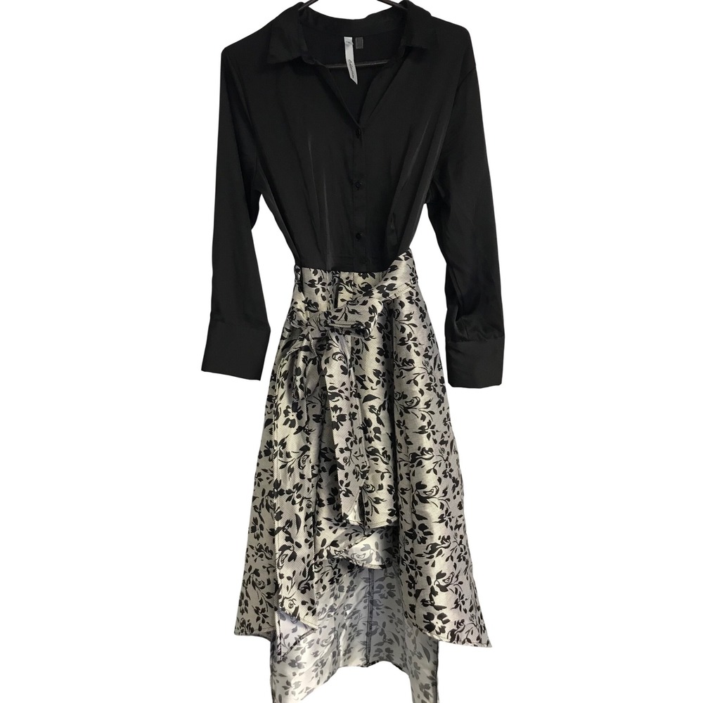 NY Collection Black Silver Floral Jacquard High Low Midi Dress XL JQD6429